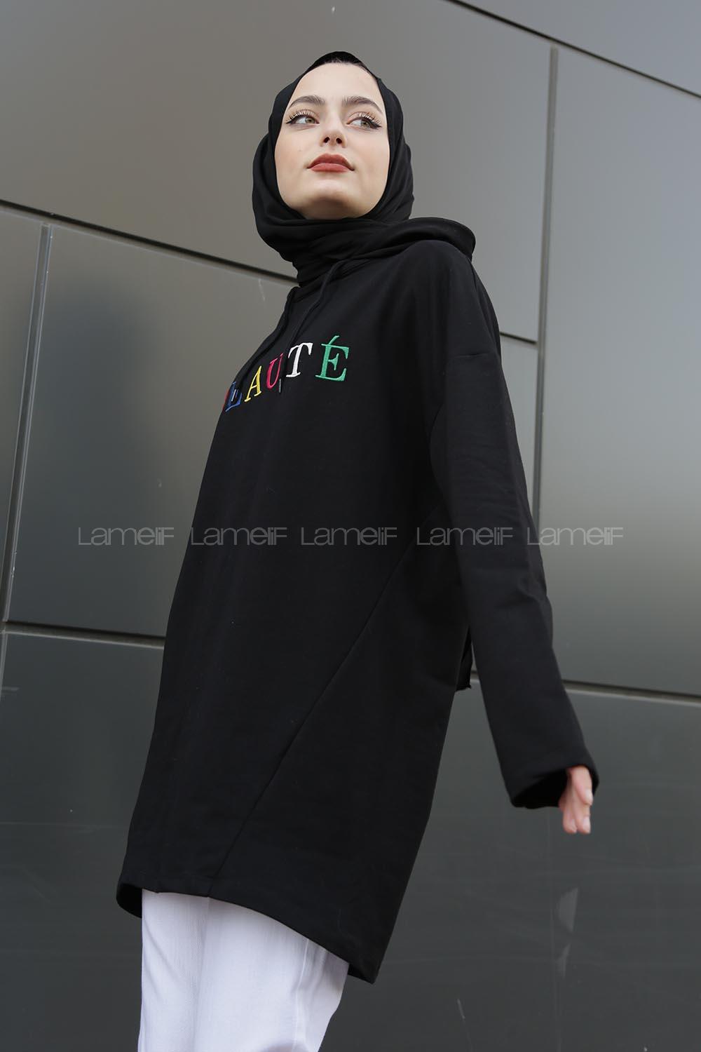 Modalamelif Beaute Yazı Baskılı Kapşonlu Sweat Siyah