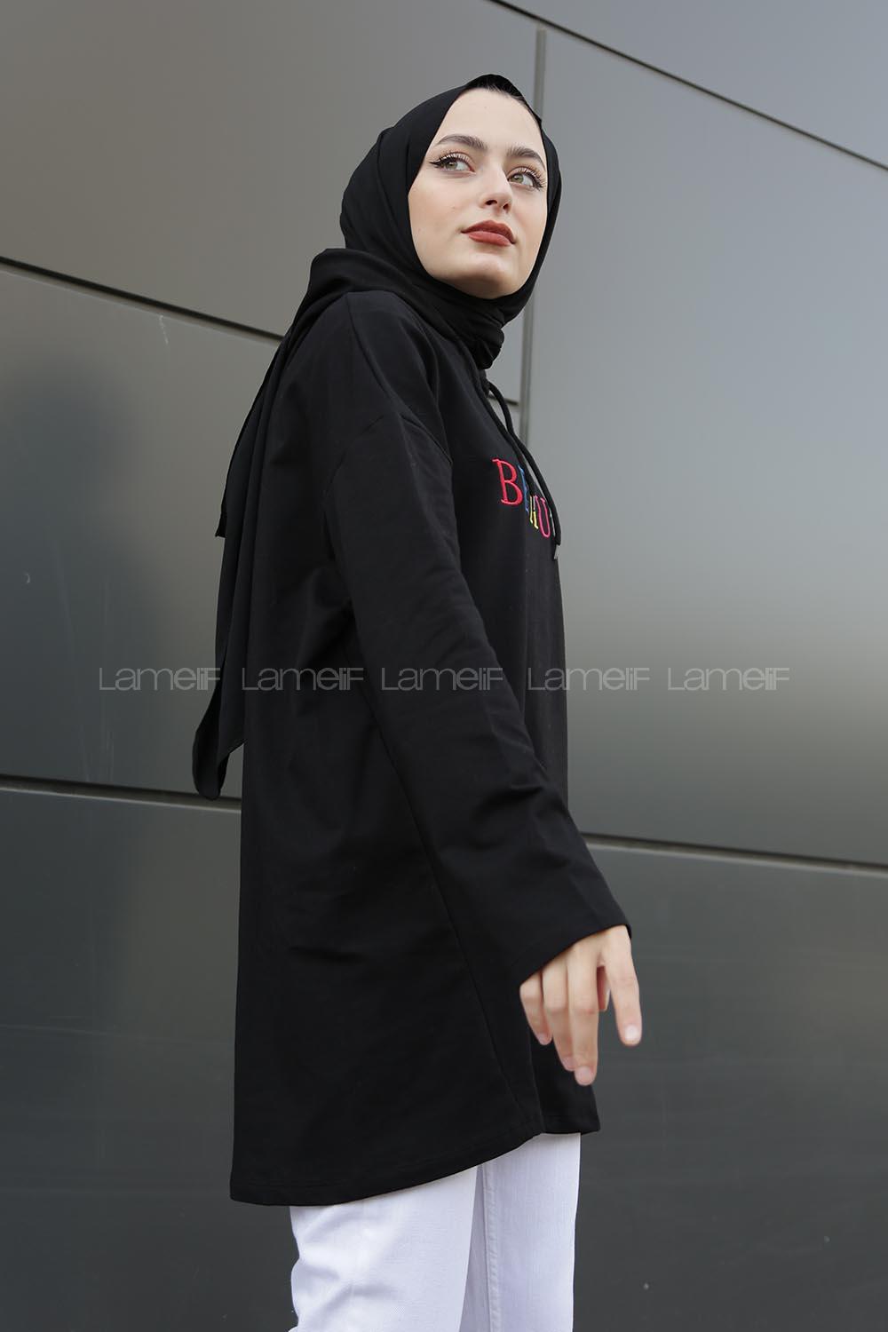 Modalamelif Beaute Yazı Baskılı Kapşonlu Sweat Siyah