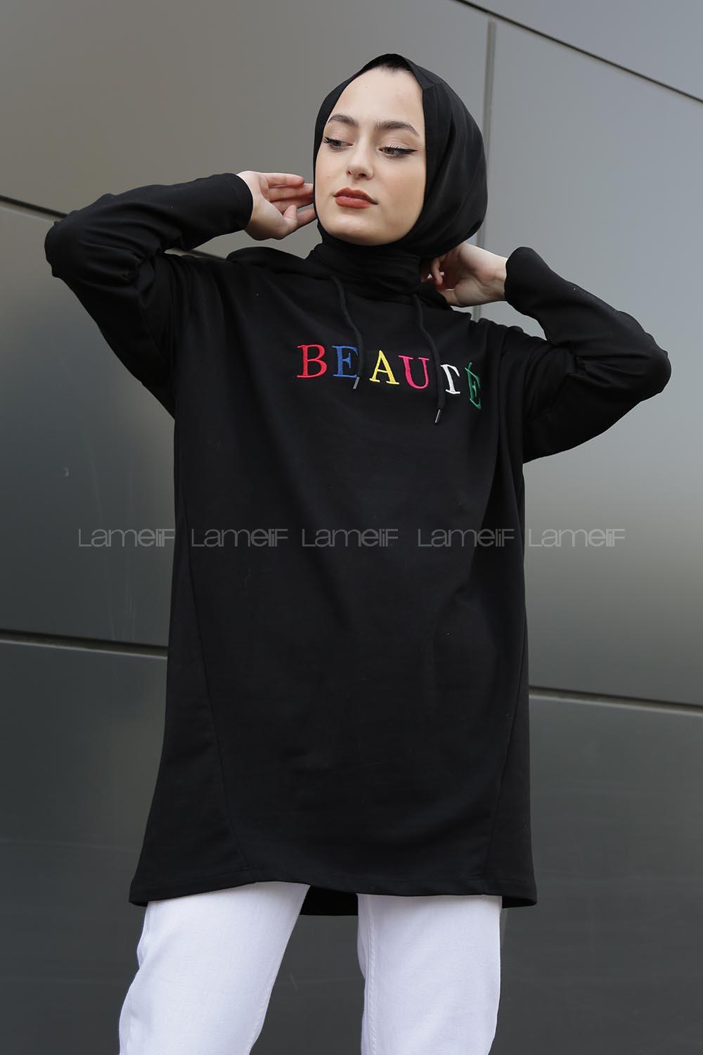 Modalamelif Beaute Yazı Baskılı Kapşonlu Sweat Siyah