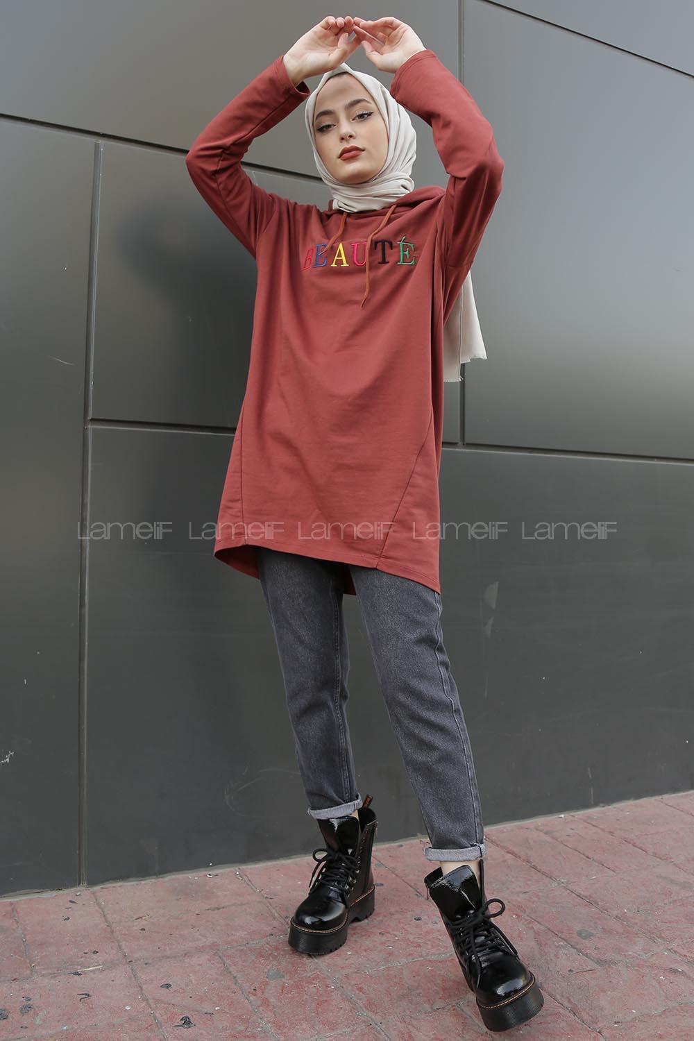 Modalamelif Beaute Yazı Baskılı Kapşonlu Sweat Taba