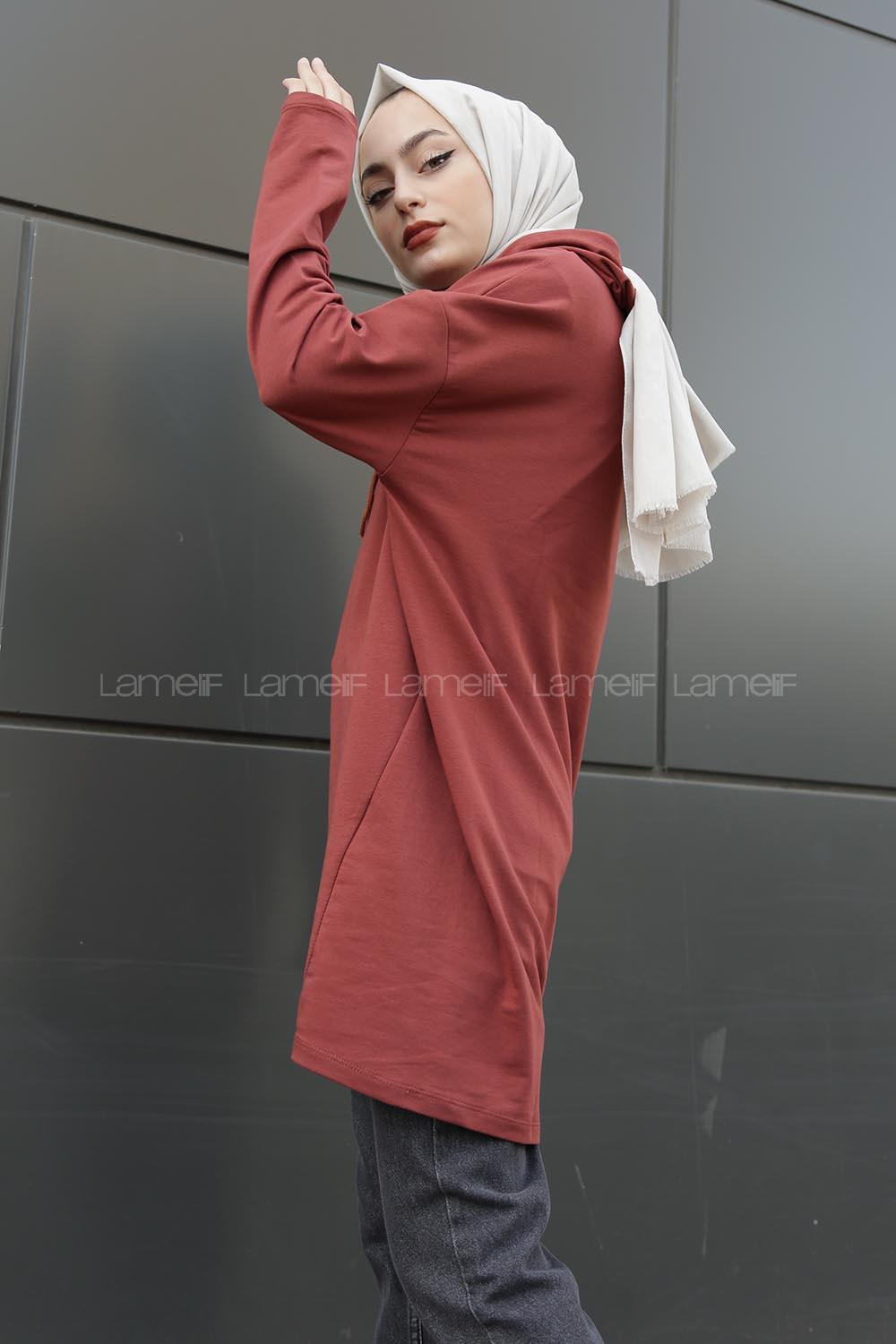 Modalamelif Beaute Yazı Baskılı Kapşonlu Sweat Taba