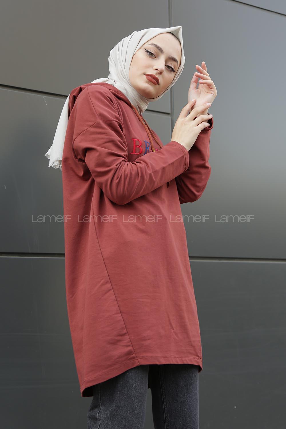 Modalamelif Beaute Yazı Baskılı Kapşonlu Sweat Taba