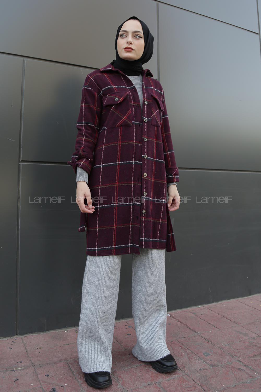 Modalamelif Belden Bağlamalı Çift Cepli Ekose Gömlek Bordo