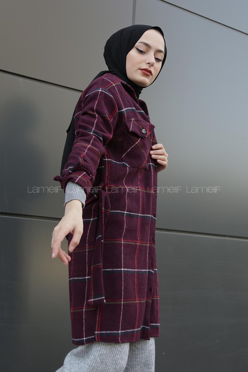 Modalamelif Belden Bağlamalı Çift Cepli Ekose Gömlek Bordo