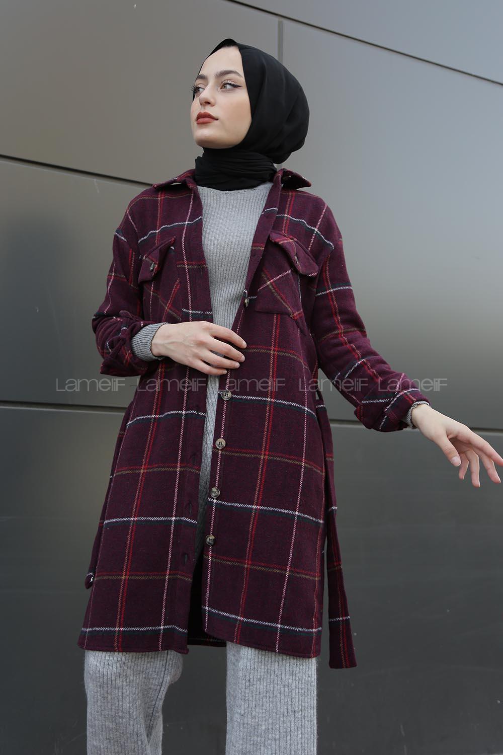 Modalamelif Belden Bağlamalı Çift Cepli Ekose Gömlek Bordo