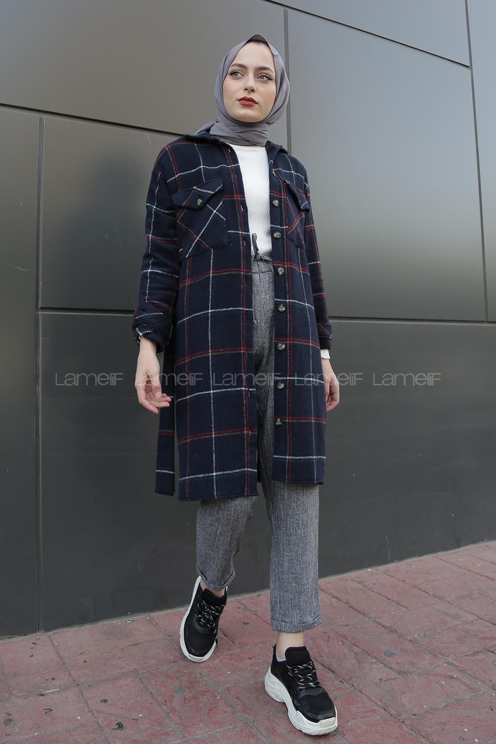 Modalamelif Belden Bağlamalı Çift Cepli Ekose Gömlek Lacivert