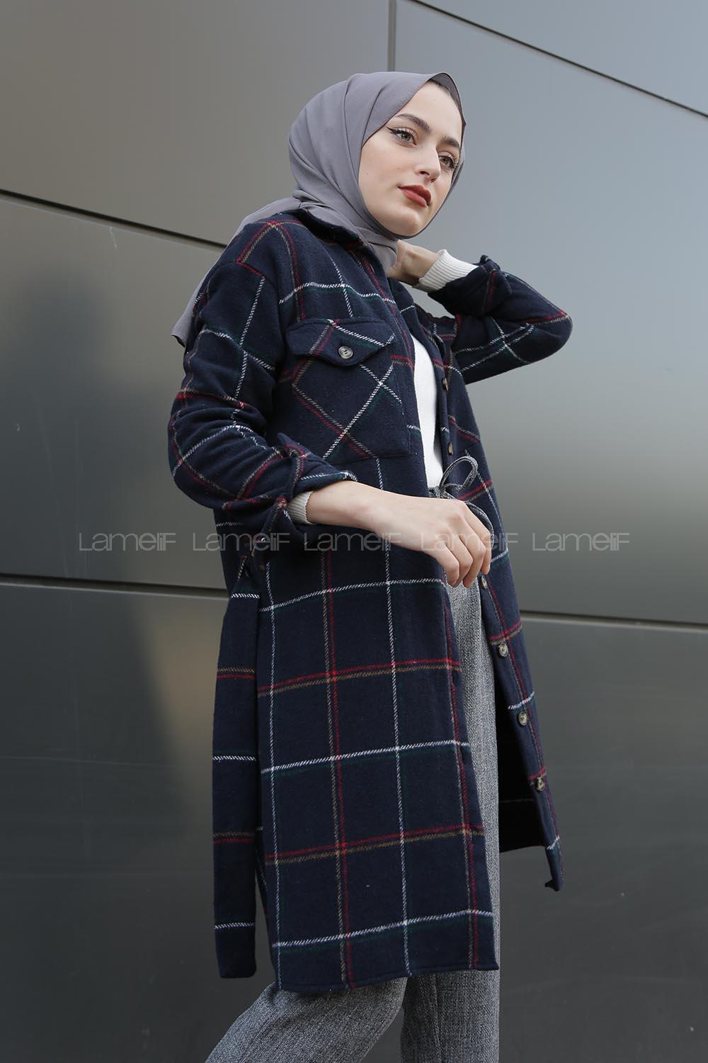 Modalamelif Belden Bağlamalı Çift Cepli Ekose Gömlek Lacivert