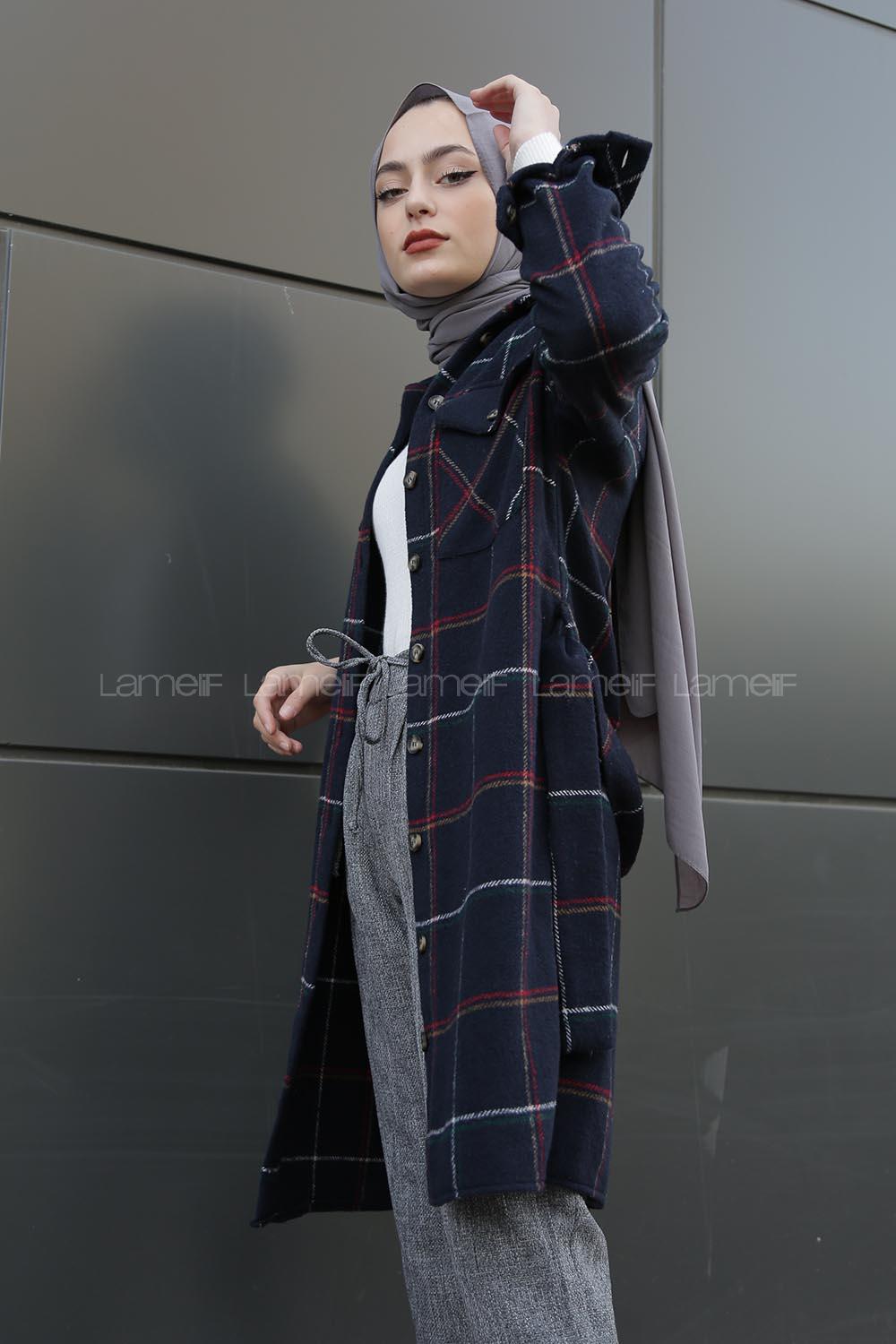 Modalamelif Belden Bağlamalı Çift Cepli Ekose Gömlek Lacivert