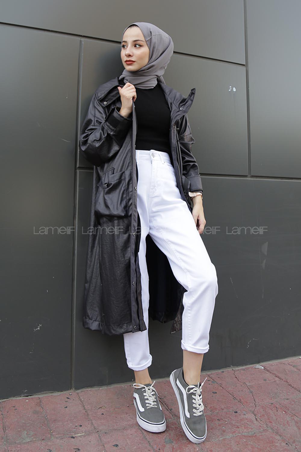 Modalamelif Çanta Cepli Çıtçıt Düğme Yırtmaçlı  Trenç Anadolu Siyahı