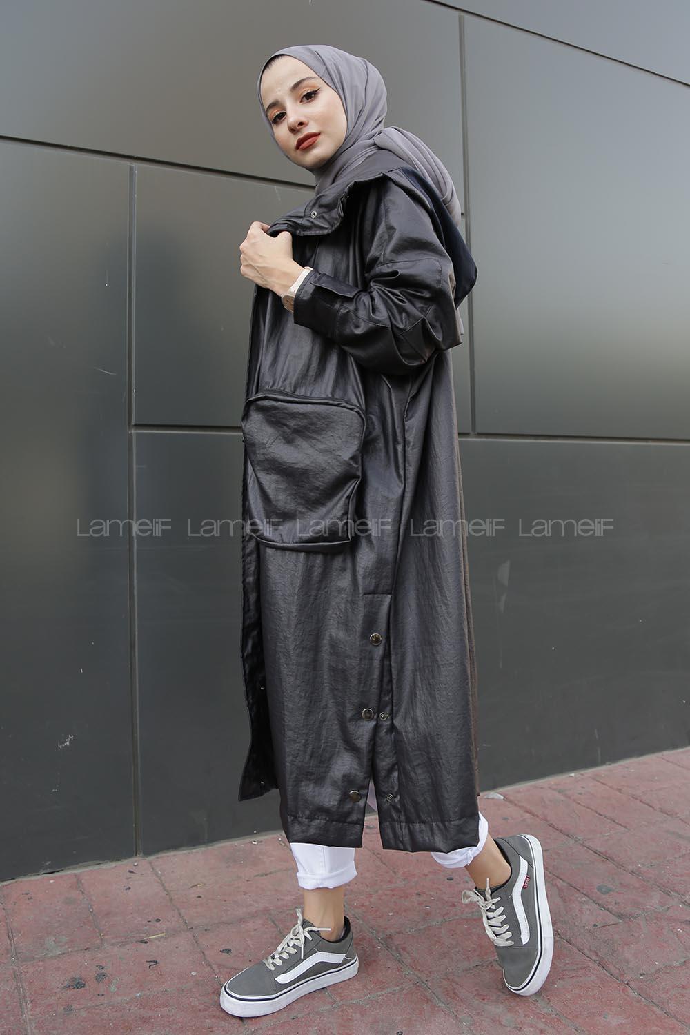 Modalamelif Çanta Cepli Çıtçıt Düğme Yırtmaçlı  Trenç Anadolu Siyahı