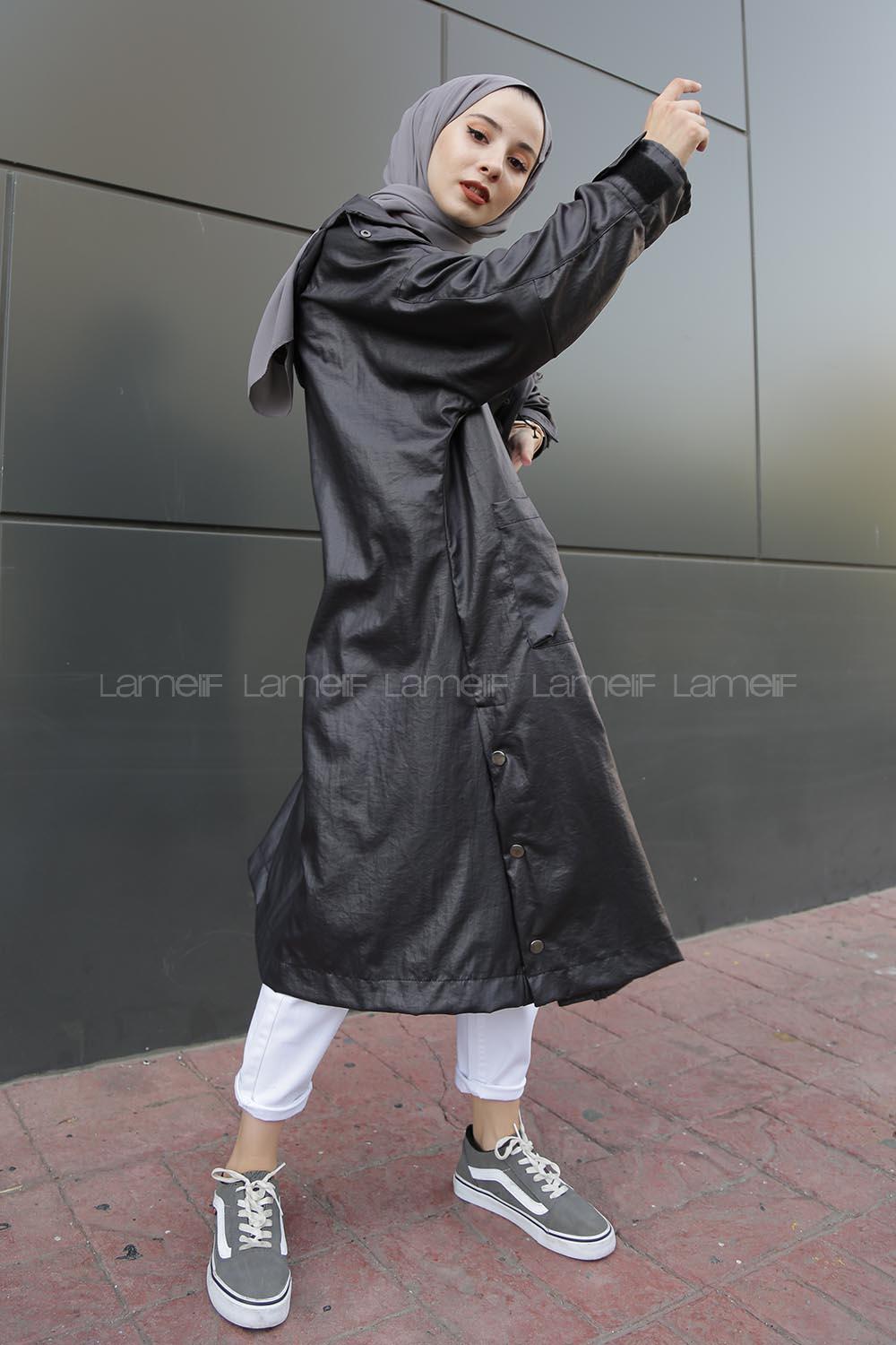 Modalamelif Çanta Cepli Çıtçıt Düğme Yırtmaçlı  Trenç Anadolu Siyahı