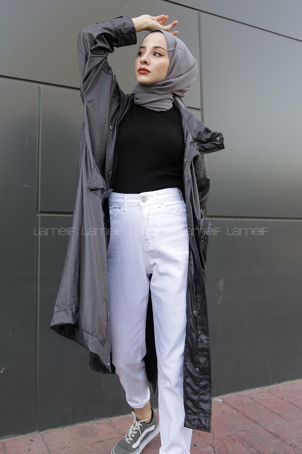 Modalamelif Çanta Cepli Çıtçıt Düğme Yırtmaçlı  Trenç Anadolu Siyahı