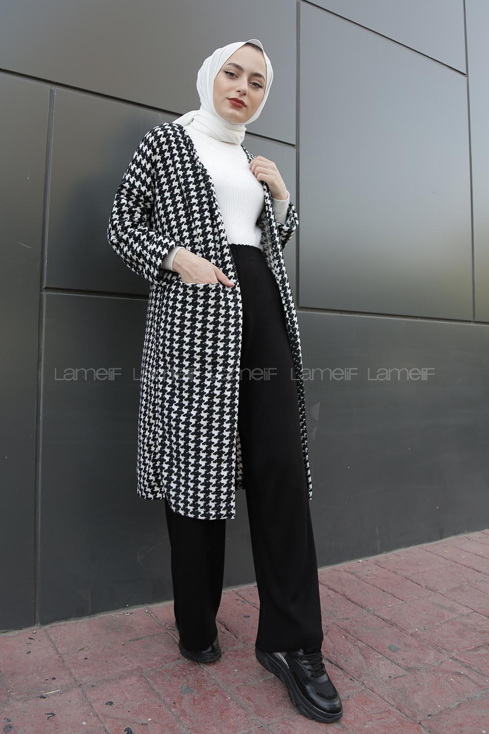 Modalamelif Çift Cepli Kazayağı Desen Hırka Siyah Beyaz