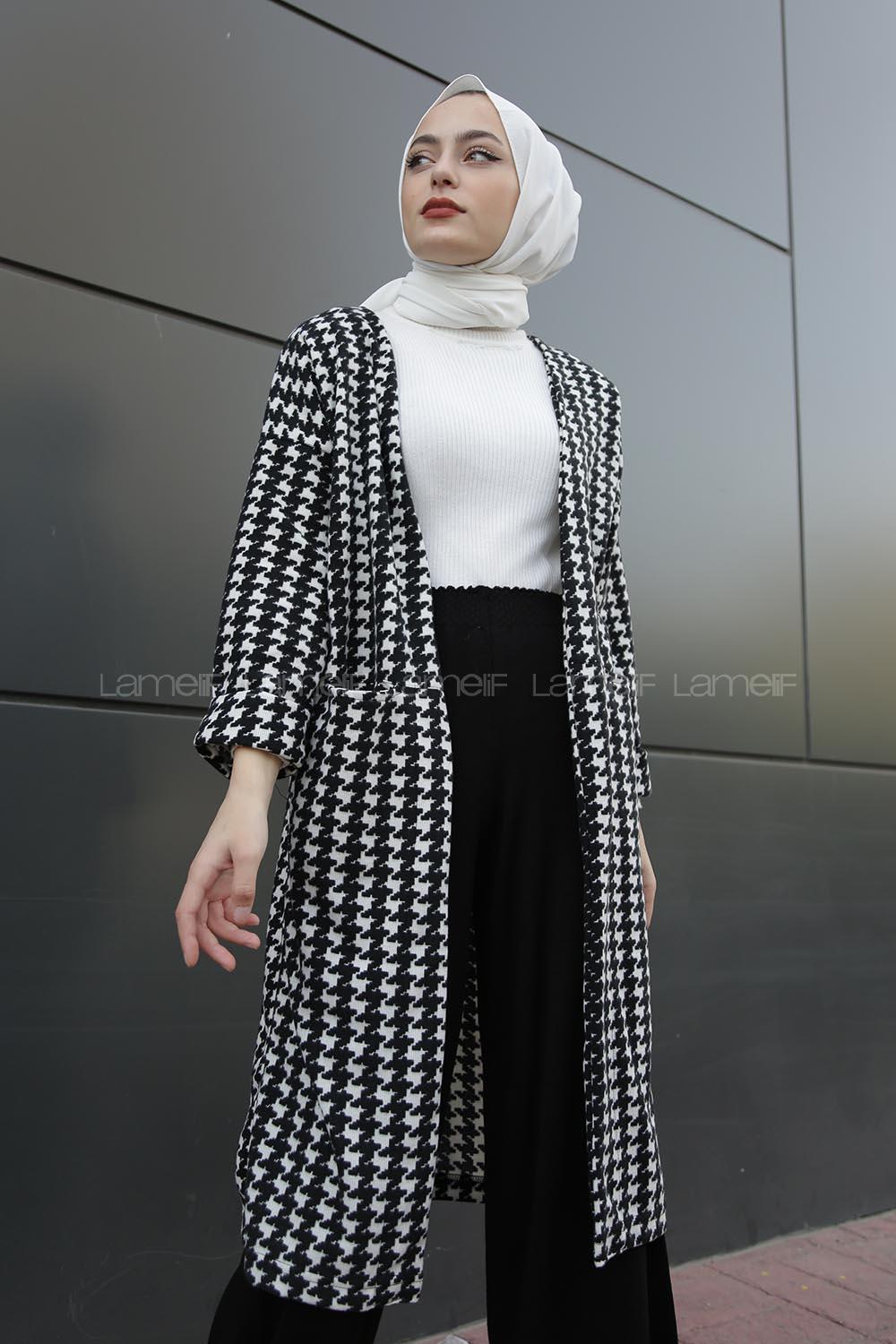 Modalamelif Çift Cepli Kazayağı Desen Hırka Siyah Beyaz