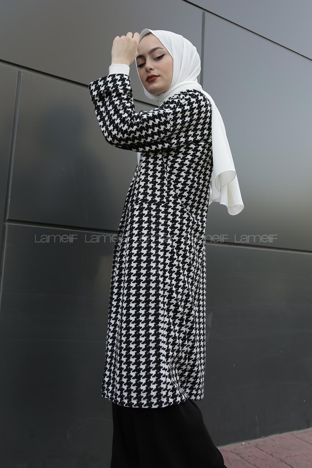 Modalamelif Çift Cepli Kazayağı Desen Hırka Siyah Beyaz