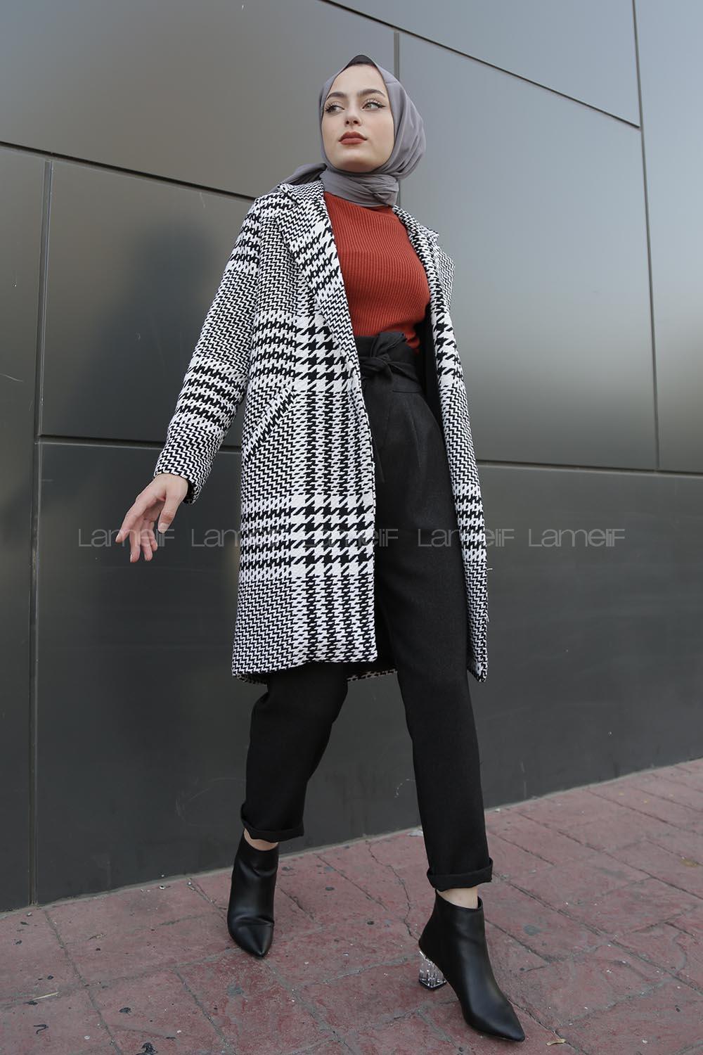 Modalamelif Çift Cepli Kazayağı Desen Kaban Siyah Beyaz