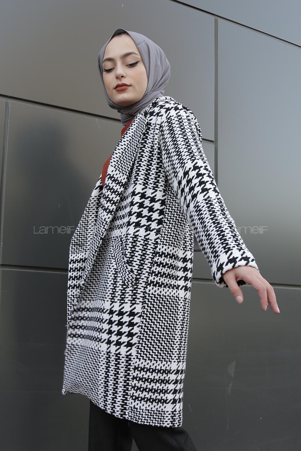 Modalamelif Çift Cepli Kazayağı Desen Kaban Siyah Beyaz