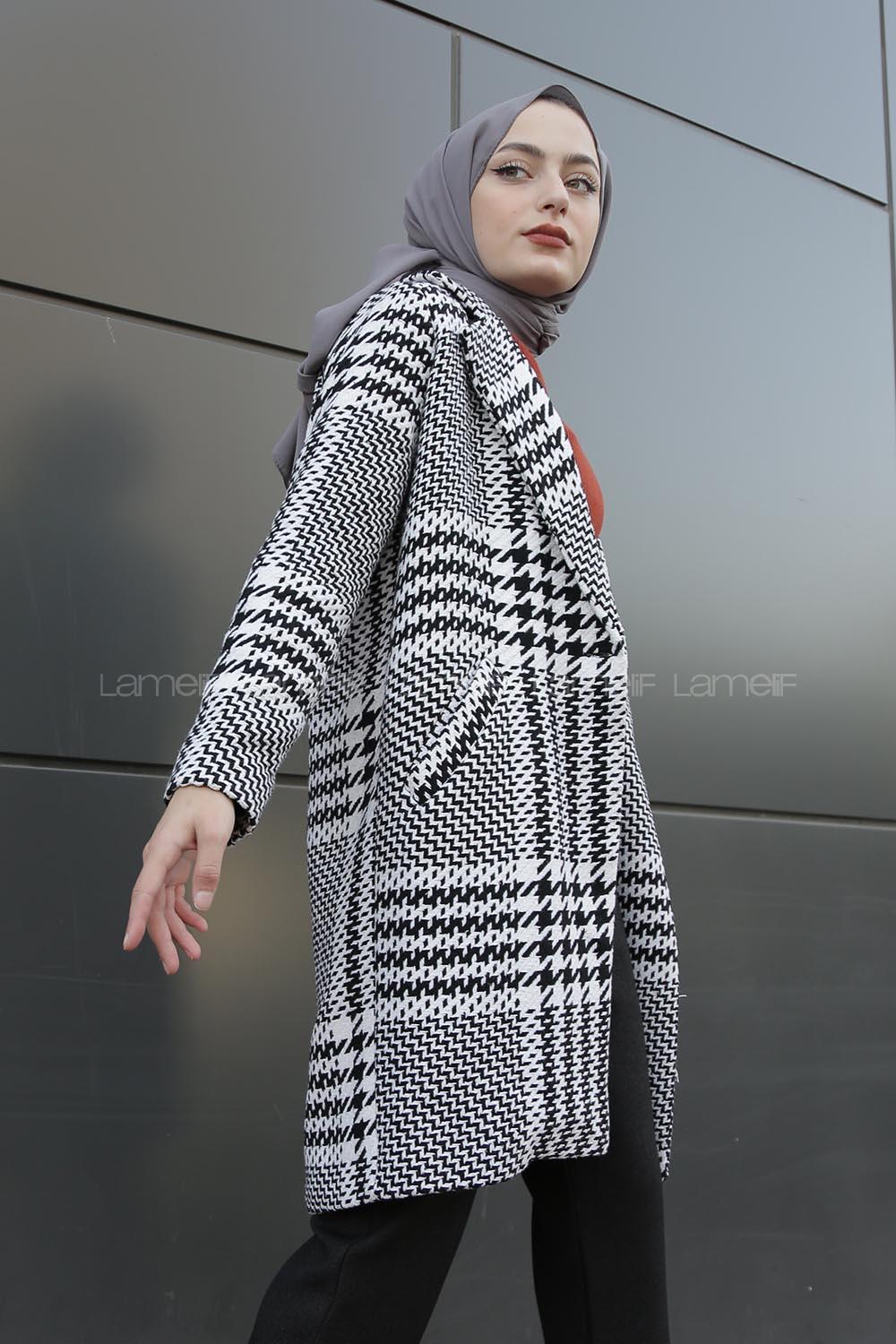 Modalamelif Çift Cepli Kazayağı Desen Kaban Siyah Beyaz