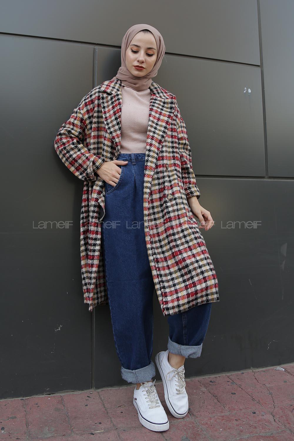 Modalamelif  Çift Cepli Önü Düğmeli  Ekose Kaban Bordo Bej