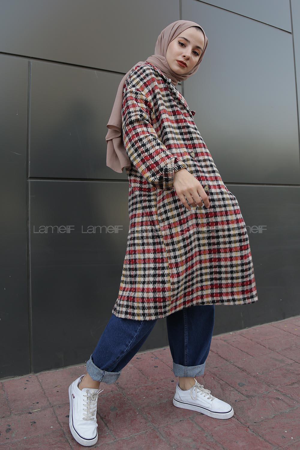 Modalamelif  Çift Cepli Önü Düğmeli  Ekose Kaban Bordo Bej