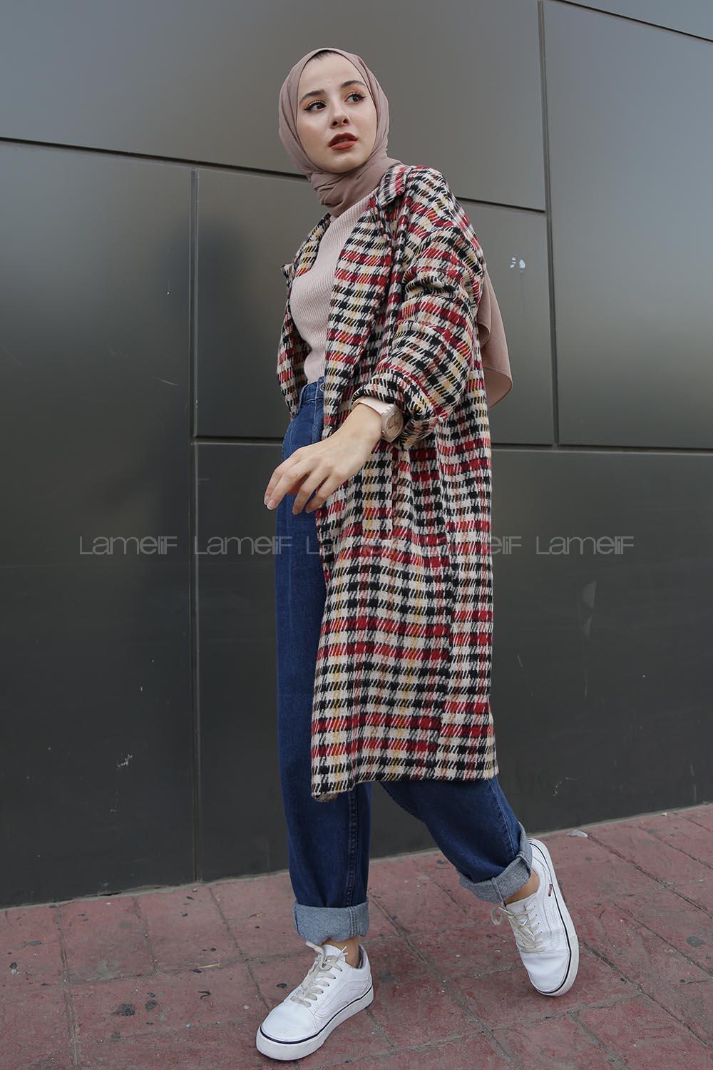 Modalamelif  Çift Cepli Önü Düğmeli  Ekose Kaban Bordo Bej