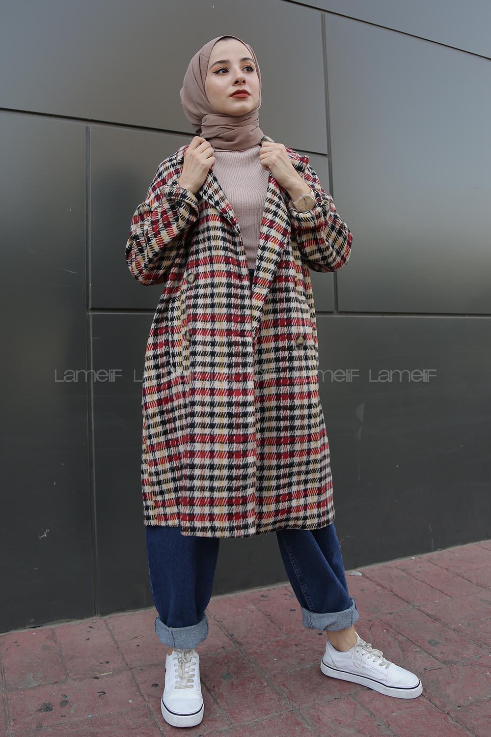 Modalamelif  Çift Cepli Önü Düğmeli  Ekose Kaban Bordo Bej