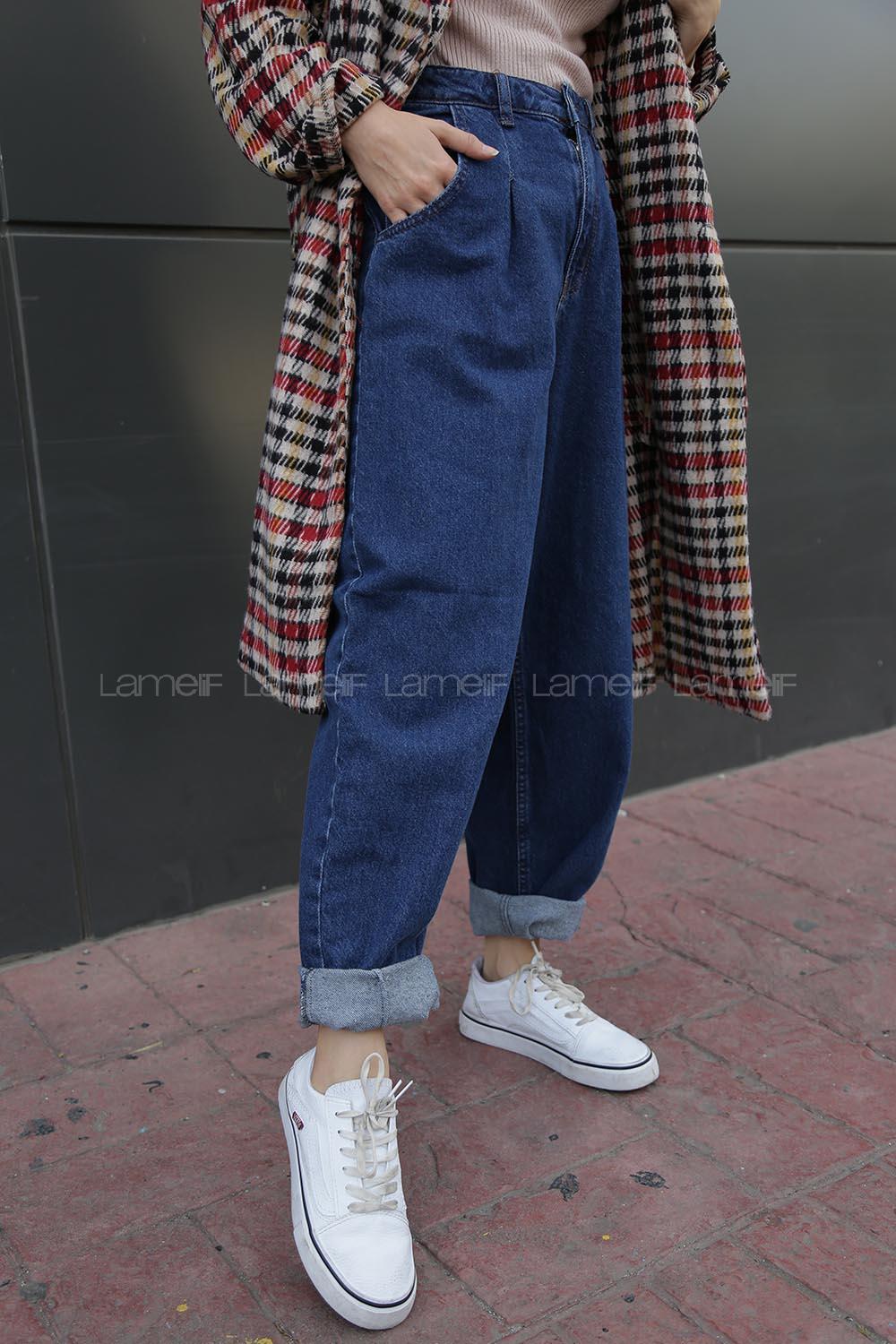 Modalamelif Çift Cepli  Balon Mom Jean Koyu Mavi