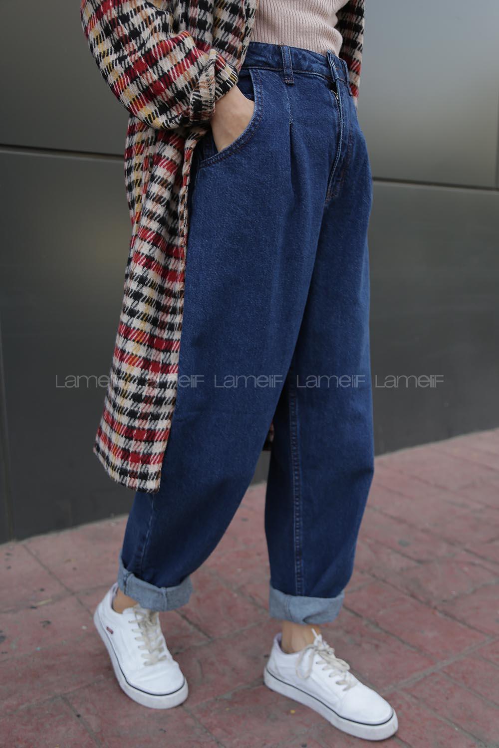 Modalamelif Çift Cepli  Balon Mom Jean Koyu Mavi