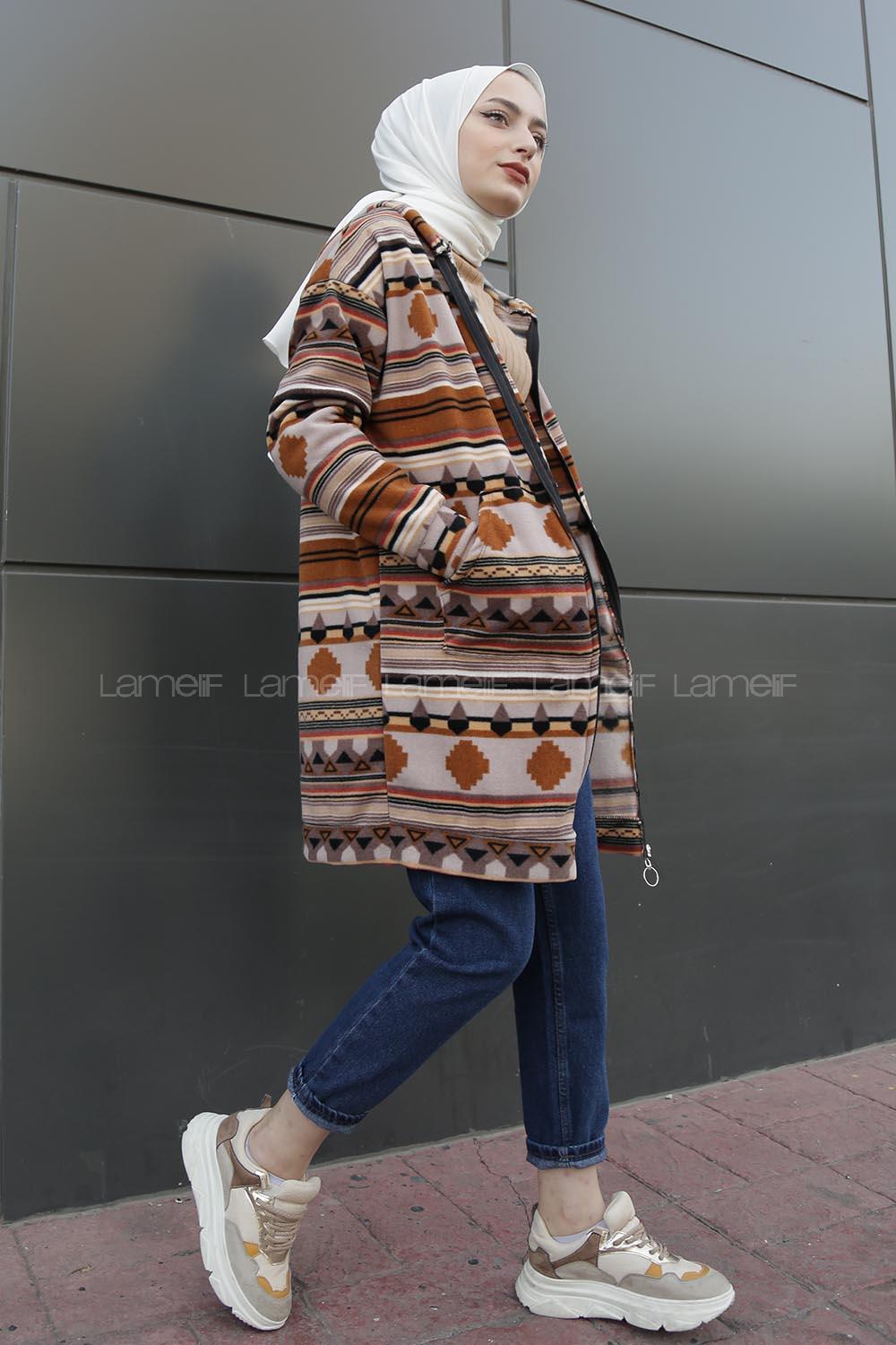 Modalamelif Etnik Desen Kapşonlu Tam Fermuarlı Polar Tunik Kahverengi