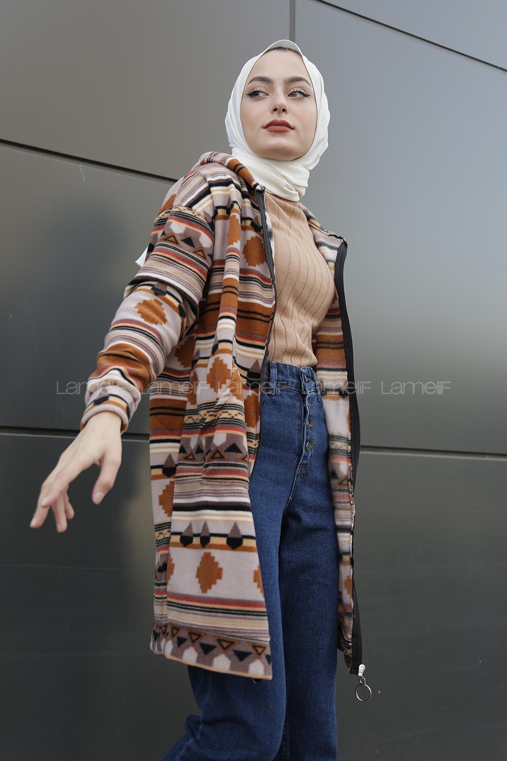 Modalamelif Etnik Desen Kapşonlu Tam Fermuarlı Polar Tunik Kahverengi