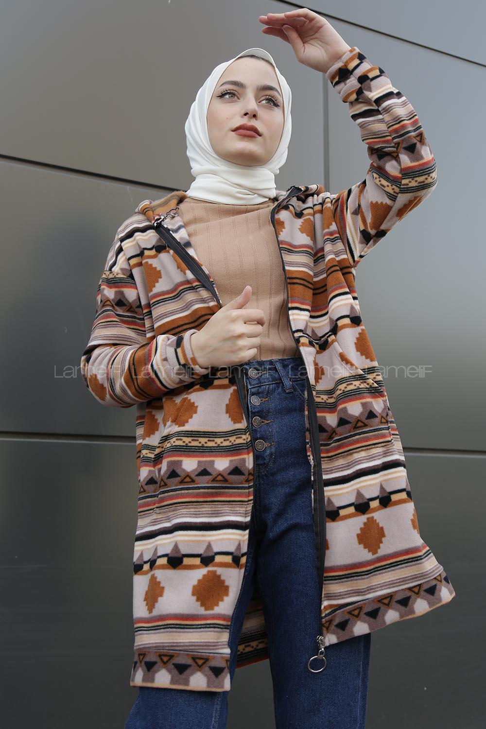 Modalamelif Etnik Desen Kapşonlu Tam Fermuarlı Polar Tunik Kahverengi