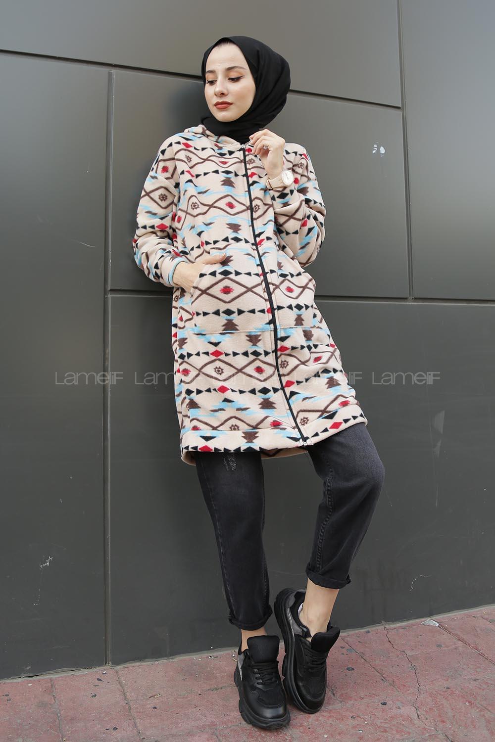 Modalamelif Etnik Desen Kapşonlu Tam Fermuarlı Polar Tunik Kum Beji