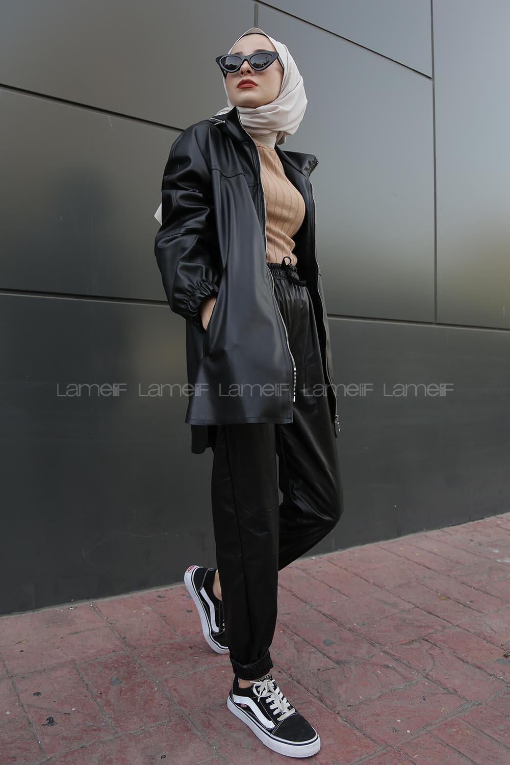 Modalamelif Gizli Kapşonlu Önü Fermuarlı Mont Siyah