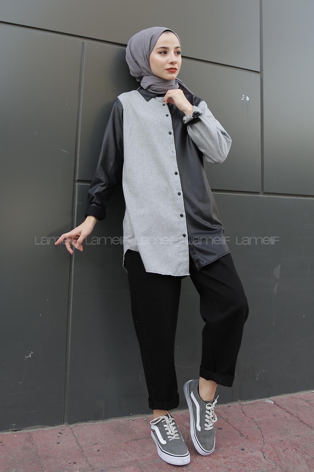 Modalamelif Gri Siyah Parçalı Gömlek