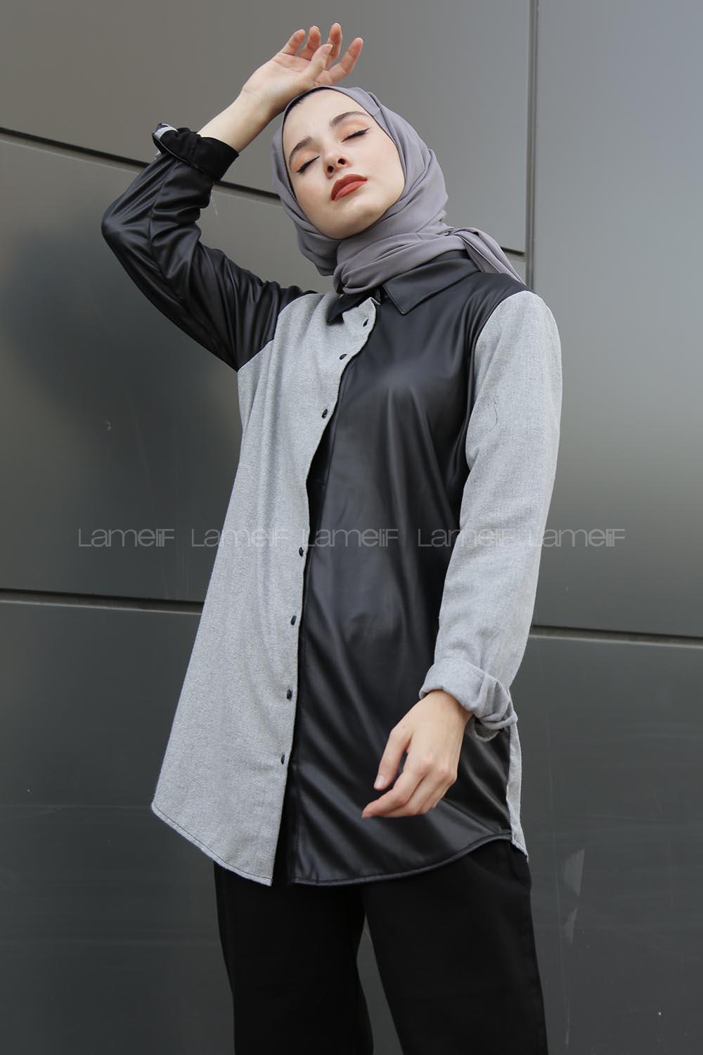 Modalamelif Gri Siyah Parçalı Gömlek