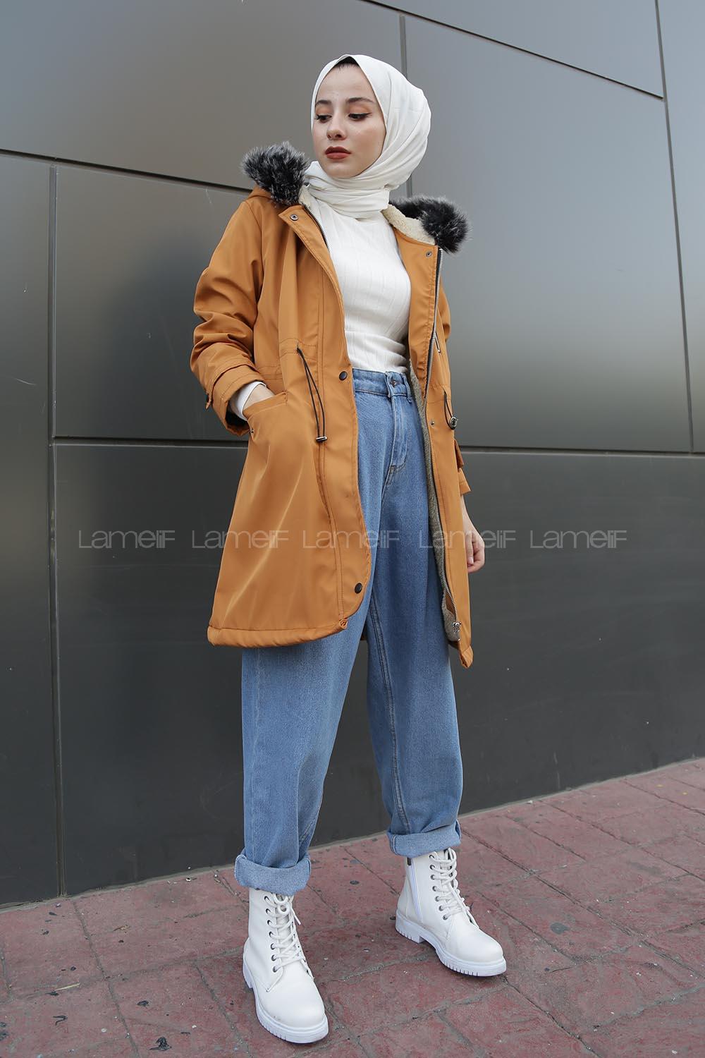 Modalamelif İçi Kürklü Kapşonlu Bondit Mont Hardal Sarısı