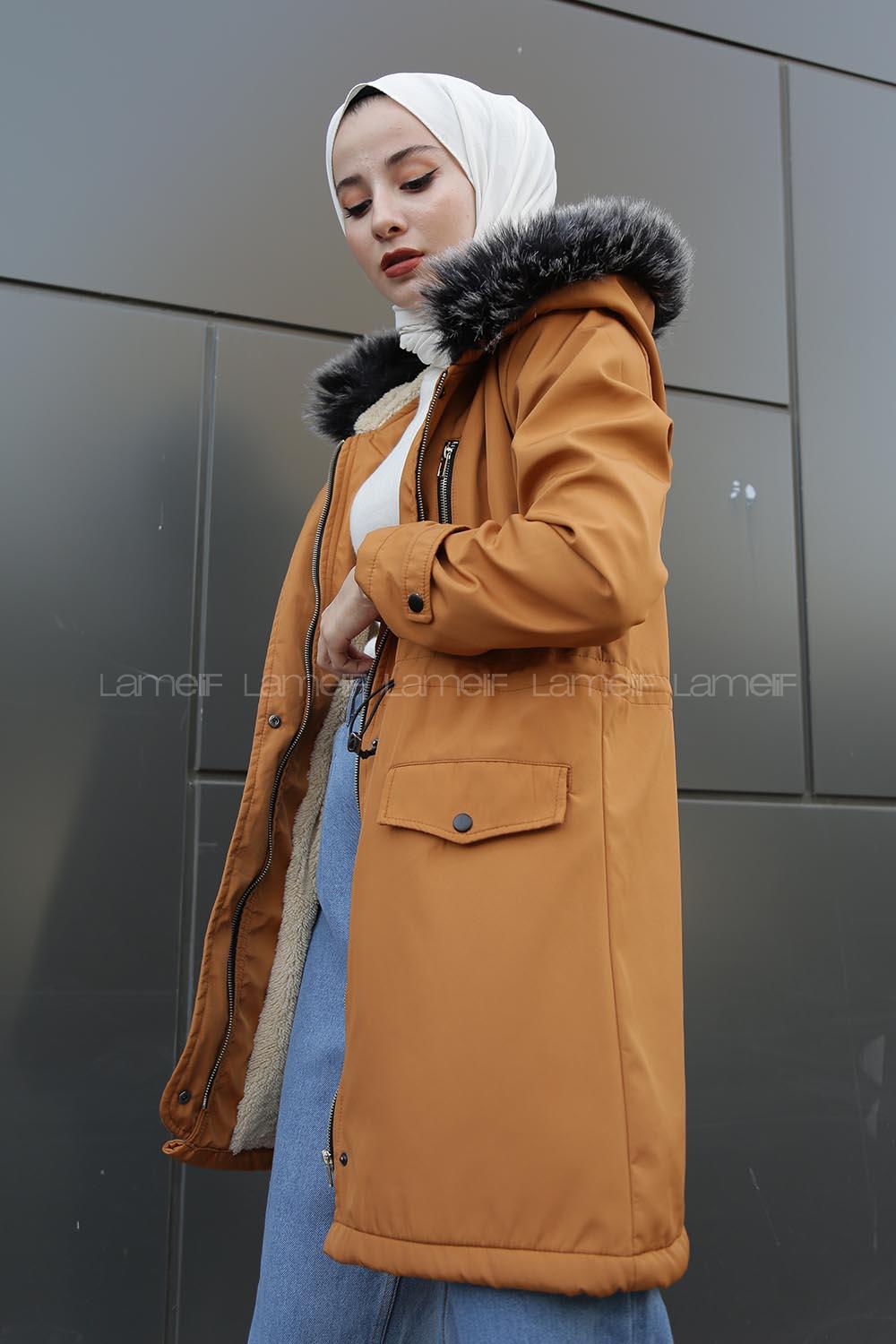 Modalamelif İçi Kürklü Kapşonlu Bondit Mont Hardal Sarısı