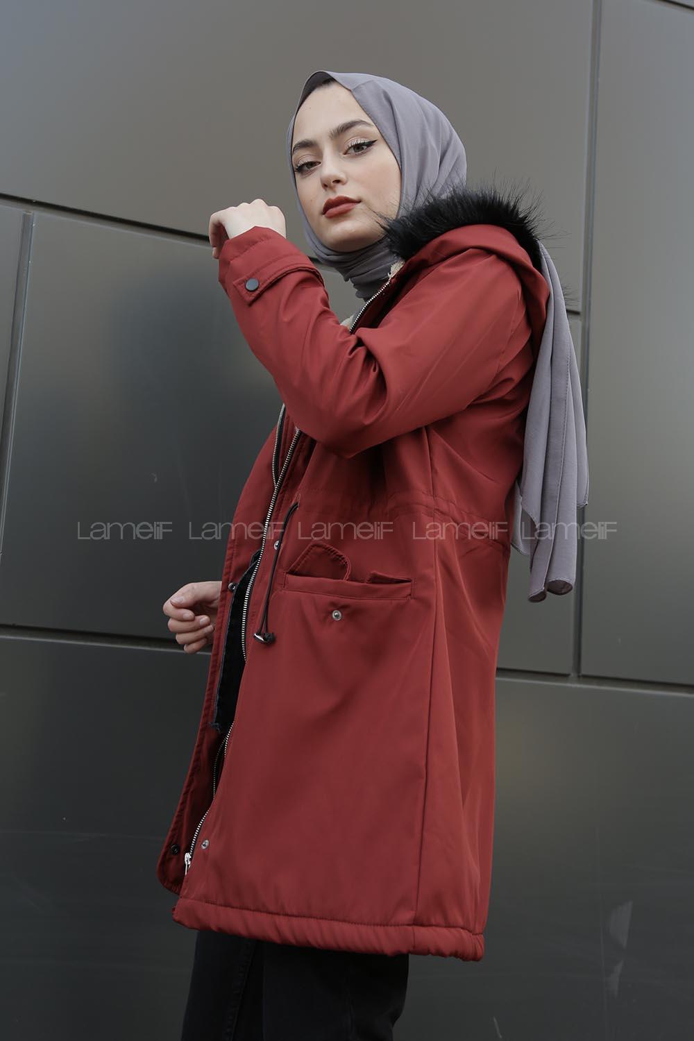 Modalamelif İçi Kürklü Kapşonlu Bondit Mont Kiremit