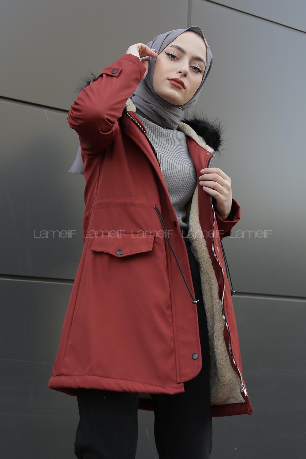 Modalamelif İçi Kürklü Kapşonlu Bondit Mont Kiremit