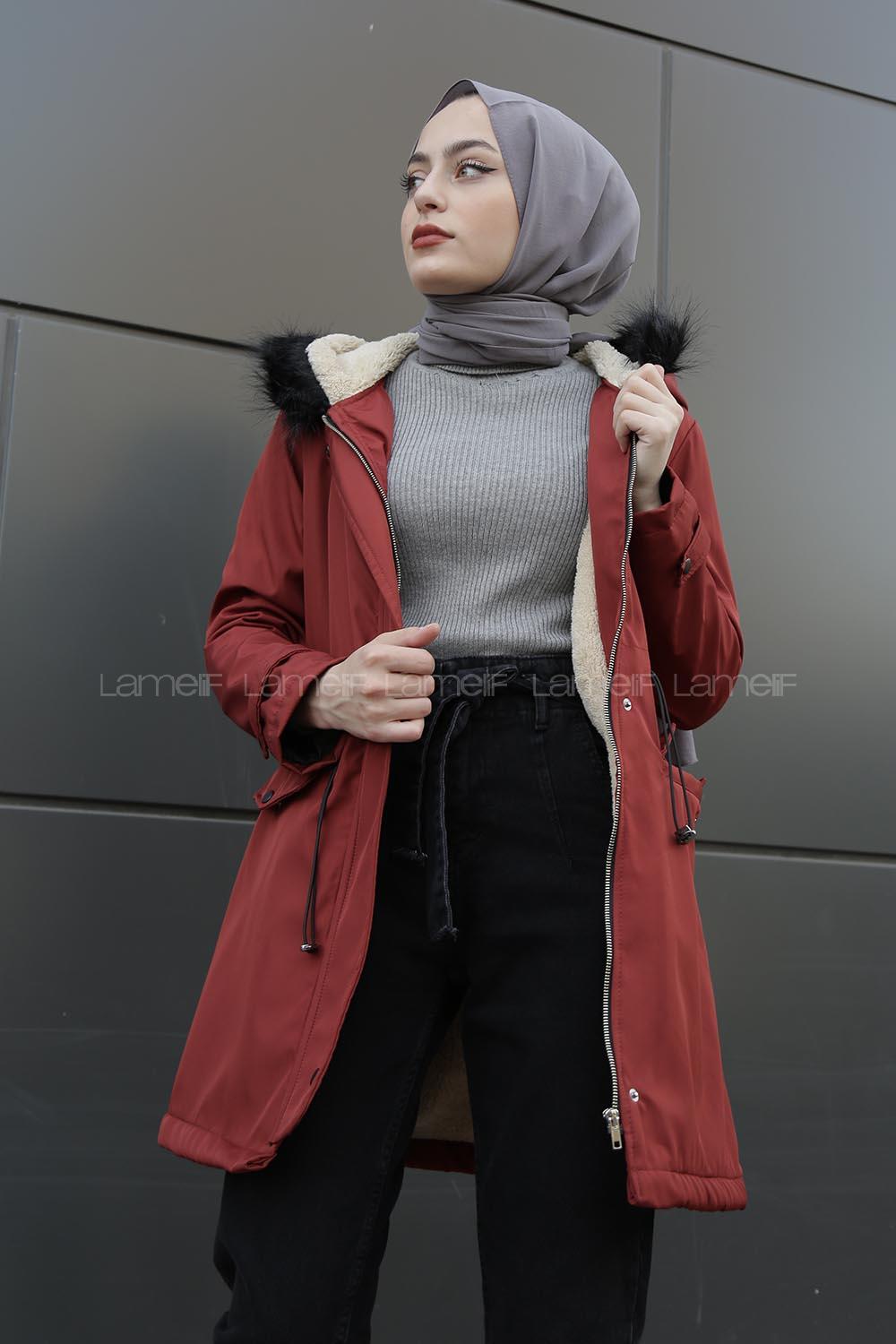 Modalamelif İçi Kürklü Kapşonlu Bondit Mont Kiremit