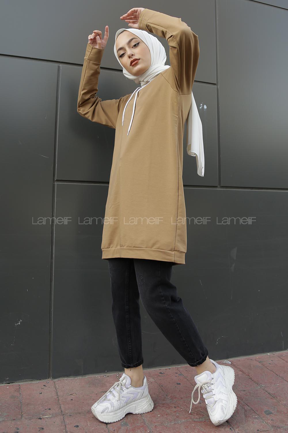 Modalamelif Kapşonlu Uzun Düz Sweat Camel