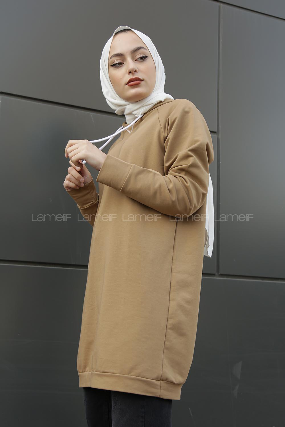 Modalamelif Kapşonlu Uzun Düz Sweat Camel