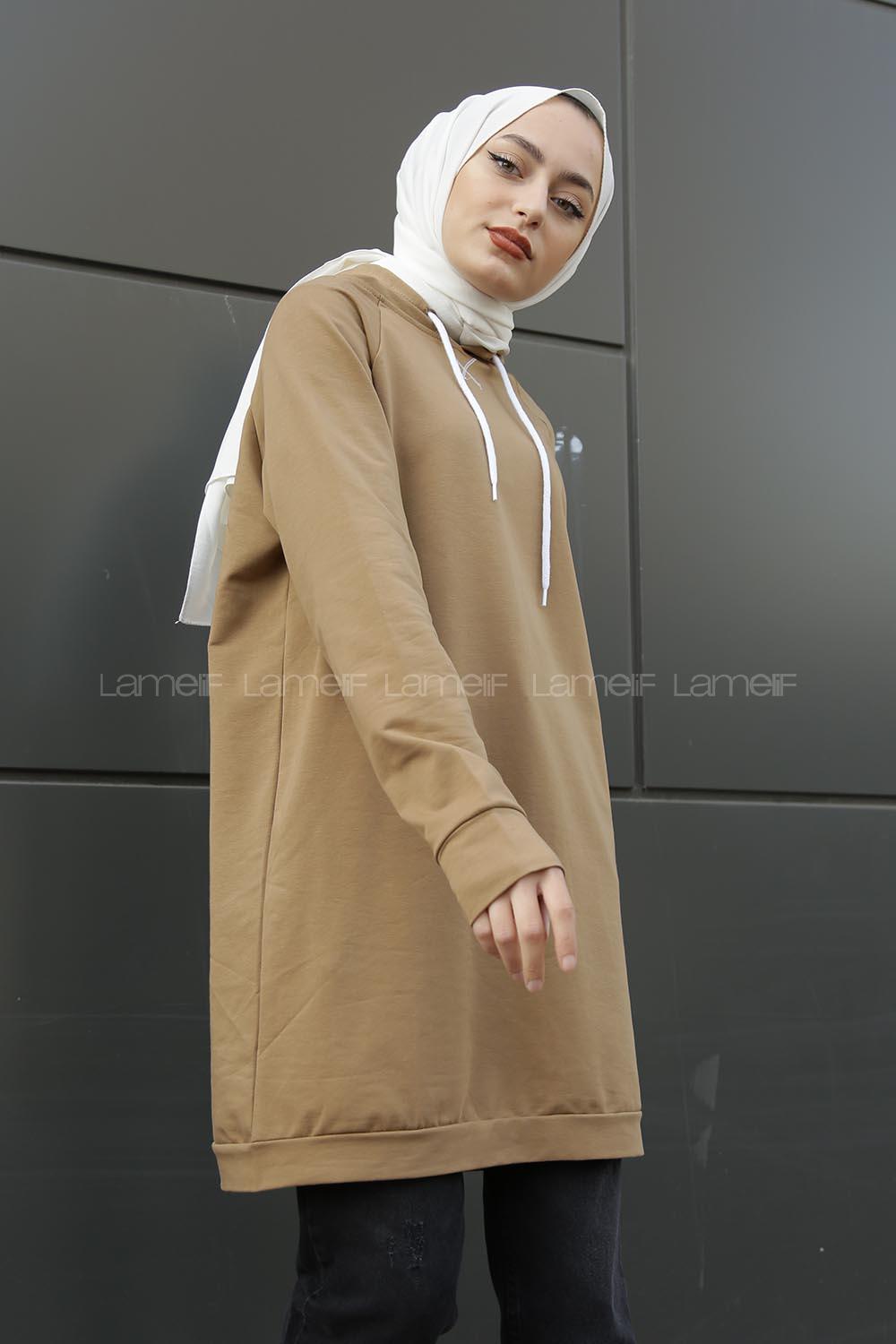 Modalamelif Kapşonlu Uzun Düz Sweat Camel