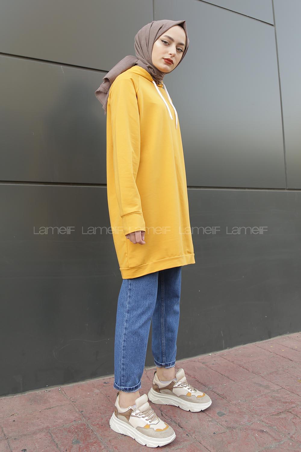 Modalamelif Kapşonlu Uzun Düz Sweat Hardal Sarısı