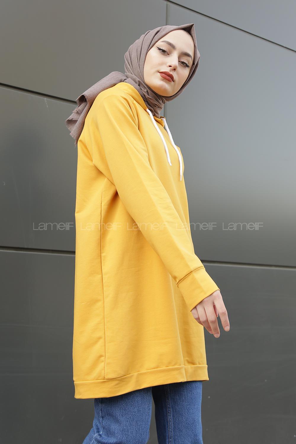Modalamelif Kapşonlu Uzun Düz Sweat Hardal Sarısı