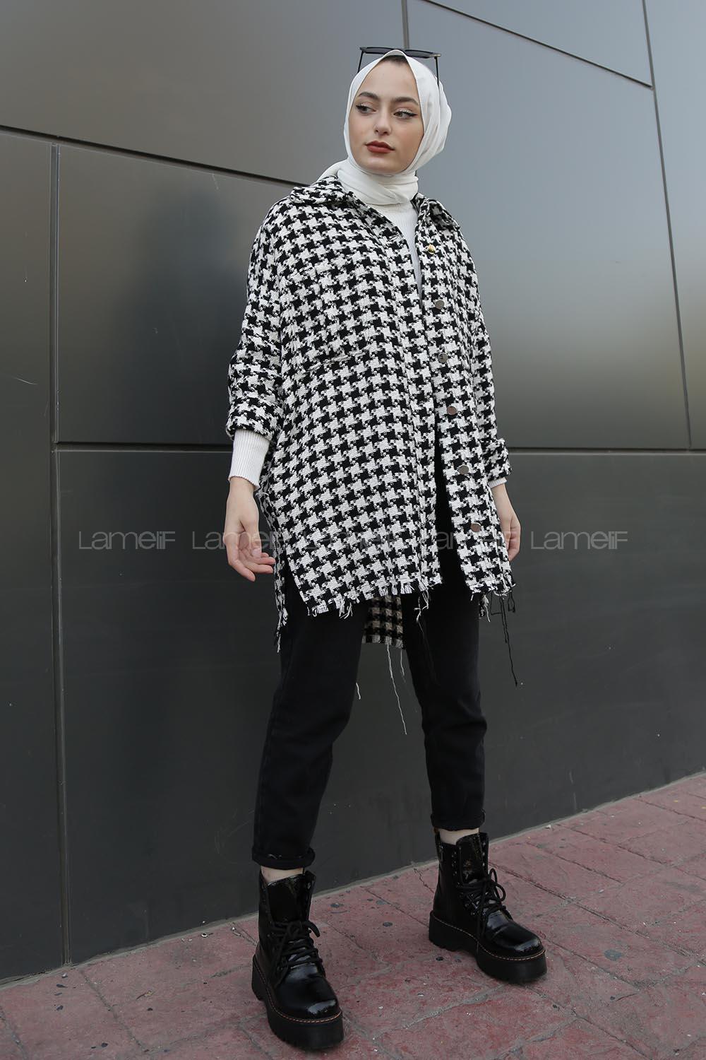 Modalamelif Kazayağı Desen Eteği Saçaklı Çift Cepli Gömlek Siyah Beyaz