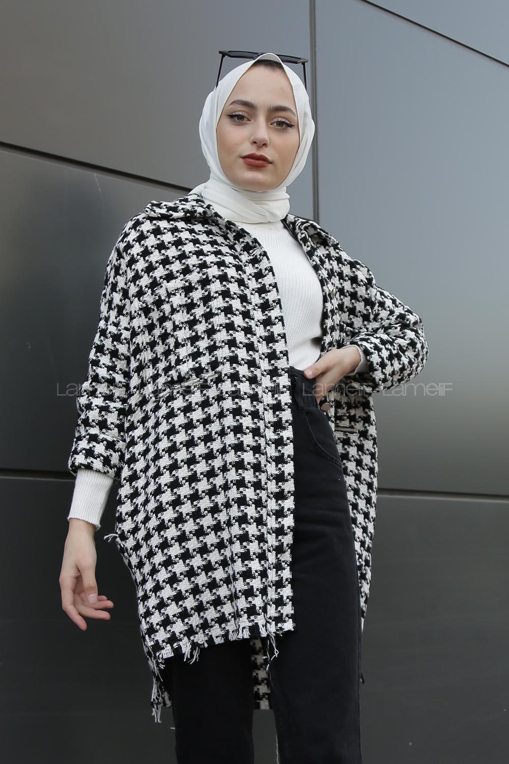 Modalamelif Kazayağı Desen Eteği Saçaklı Çift Cepli Gömlek Siyah Beyaz