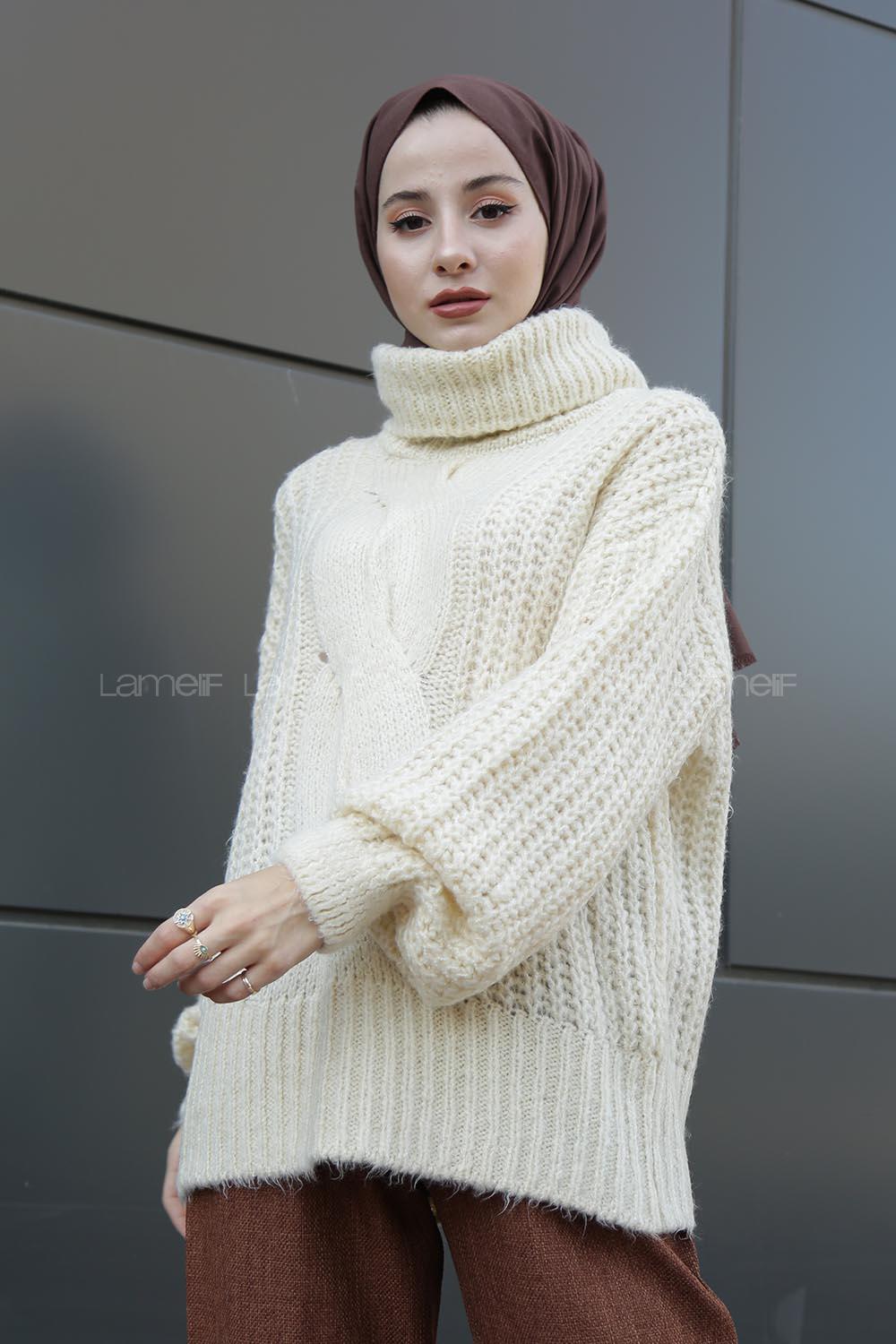 Modalamelif Boğazlı Önü Saç Örgü Kazak Kemik