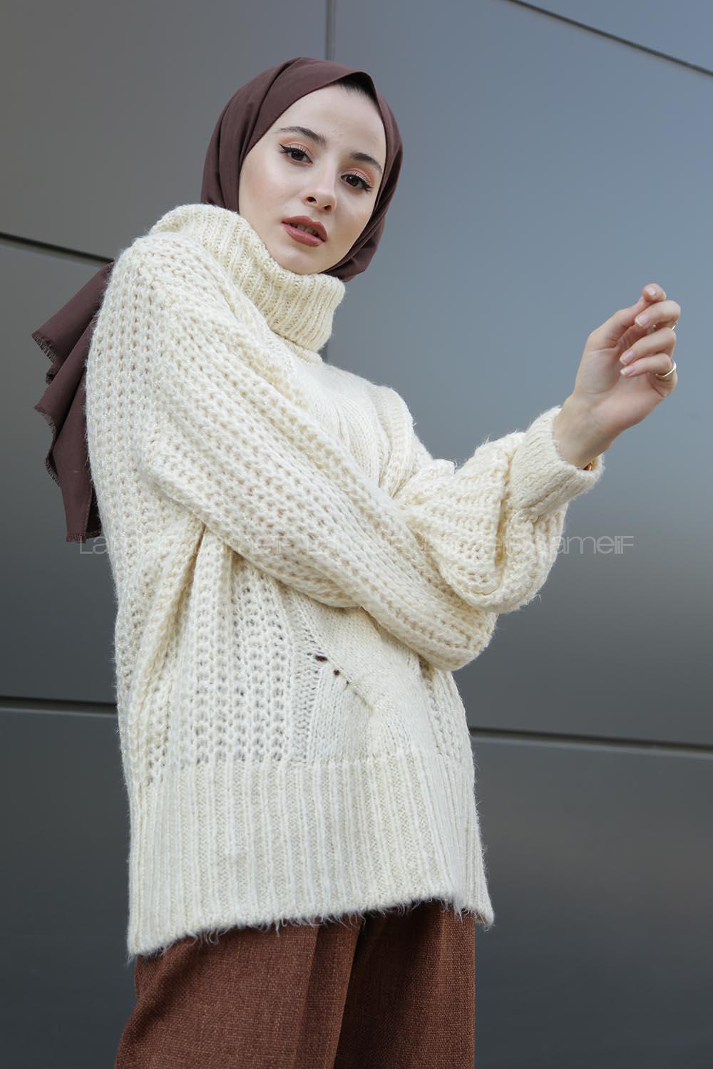 Modalamelif Boğazlı Önü Saç Örgü Kazak Kemik