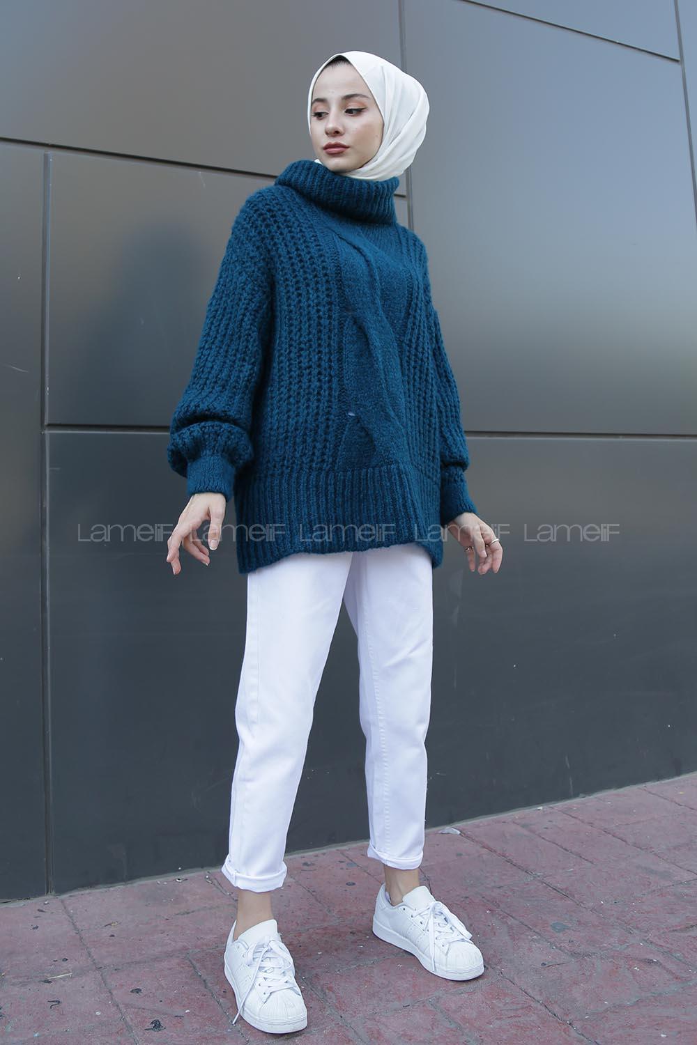 Modalamelif Boğazlı Önü Saç Örgü Kazak Petrol Mavisi